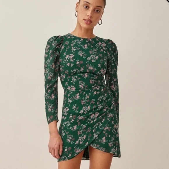 Reformation Juni Green Gathered Floral Print Crepe Mini Dress Size 10 B723 - Picture 1 of 8